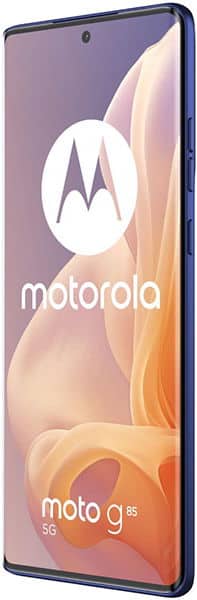 Motorola Moto G85 smartphone displayed front-facing, showing colorful gradient wallpaper on screen with Motorola logo and "moto g85 5G" text visible