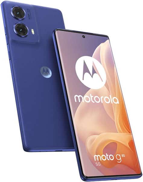 Motorola Moto G85 in blue, shown from rear and front angles with dual rear cameras and display showing Motorola and moto g85 branding