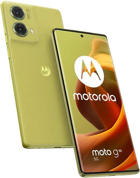 Motorola Moto G85 in yellow-green, shown from rear and front angles, displaying dual rear cameras and screen with Motorola logo