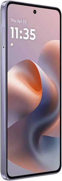 Motorola Moto G86 front view with display showing time 11:35 and abstract gradient wallpaper