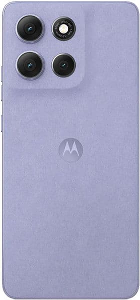 Motorola Moto G86 rear view in light purple, showing quad camera setup and Motorola logo