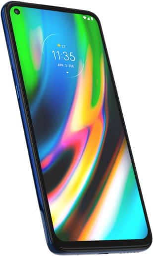 Motorola Moto G9 Plus front view with colorful gradient wallpaper on screen and blue frame