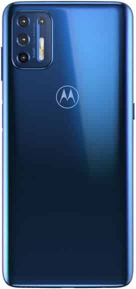 Motorola Moto G9 Plus rear view, showing blue gradient back panel with Motorola logo and quad camera setup
