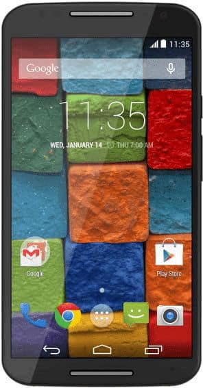 Motorola Moto X (2nd Gen) front view displaying home screen with colorful tile widgets and time 11:35