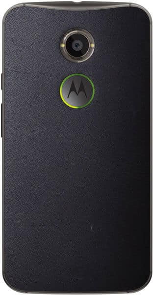 Motorola Moto X (2nd Gen) rear view, showing black textured back with camera and green Motorola logo