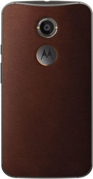 Motorola Moto X (2nd Gen) rear view, brown leather back with camera and logo centered