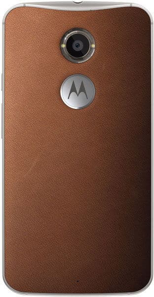 Motorola Moto X (2nd Gen) rear view, brown leather back with camera and logo visible