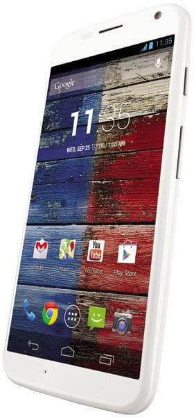 Motorola Moto X front view, white smartphone displaying home screen with Google search bar, time 11:50, and app icons including Chrome, YouTube, and Play Store