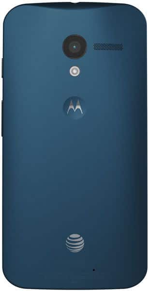 Motorola Moto X rear view, showing blue back panel with camera, speaker, Motorola logo, and AT&T branding