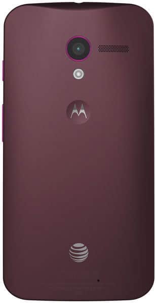 Motorola Moto X rear view, burgundy back panel with camera lens, speaker grille, and AT&T logo