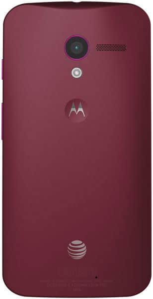 Motorola Moto X rear view, burgundy back with camera lens, speaker grille, and AT&T logo