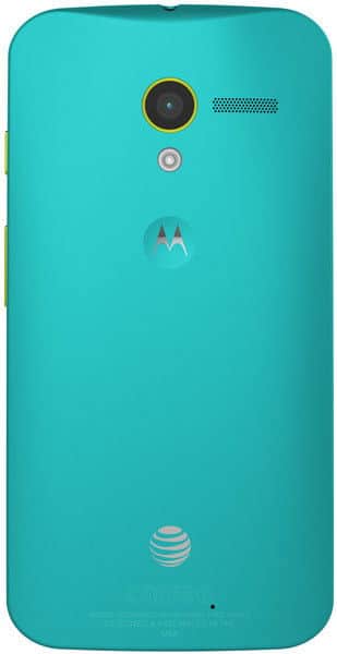 Motorola Moto X rear view, turquoise back with camera lens, speaker grille, Motorola logo, and AT&T branding