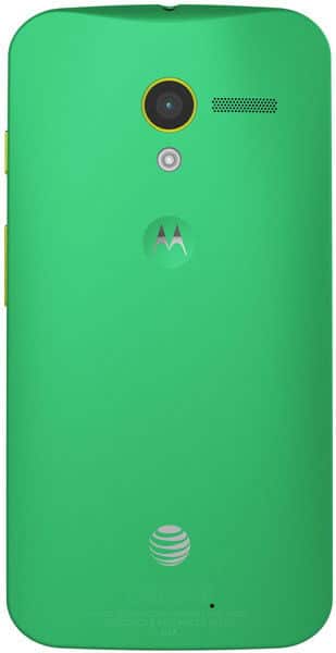 Motorola Moto X rear view showing green back panel with camera lens, speaker grille, Motorola logo, and AT&T branding