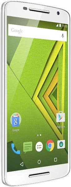 Front view of white Motorola Moto X Play showing home screen with app icons and green wallpaper; time displayed is 11:35.
