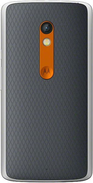 Rear view of Motorola Moto X Play showing a textured dark gray back, vertical orange camera strip, and silver edges.