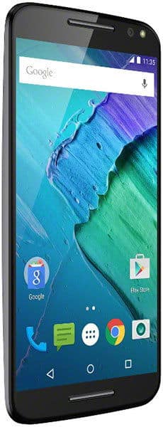 Motorola Moto X Style front view, displaying home screen with Google search bar, app icons, and colorful abstract wallpaper
