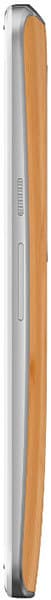 Motorola Moto X Style, side view, showing wood-grain back panel with silver metal frame and volume controls