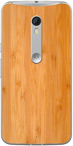 Motorola Moto X Style rear view with bamboo wood back panel, silver accent strip, and camera lens centered