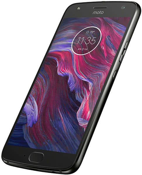 Motorola Moto X4 front view displaying abstract pink and purple swirling wallpaper with time and date on screen
