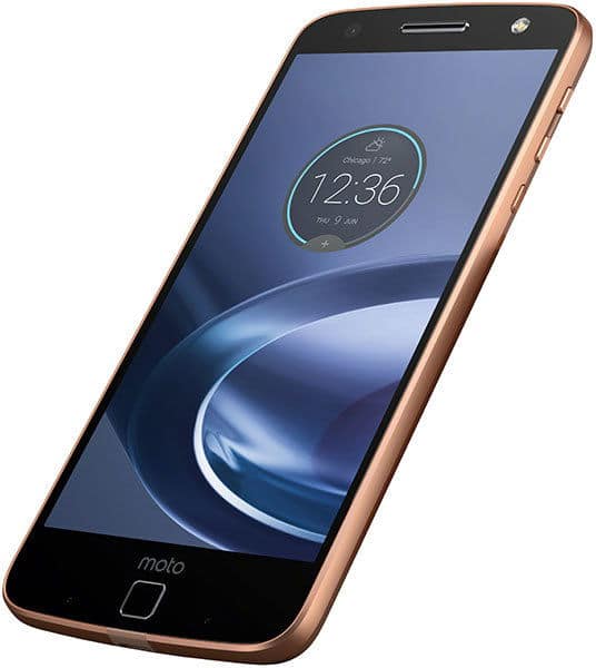 Motorola Moto Z Force front view with rose gold frame, displaying lock screen at 12:36 with circular widget and blue curved design
