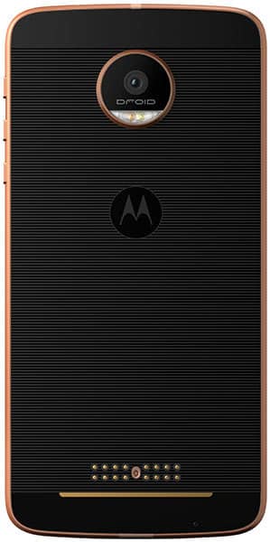 Motorola Moto Z Force rear view, showing black textured back with copper-colored trim, circular camera lens, Motorola logo, and gold connector pins at bottom