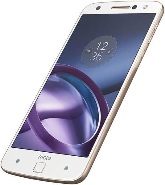 Motorola Moto Z front view, white smartphone displaying time and abstract purple design on screen
