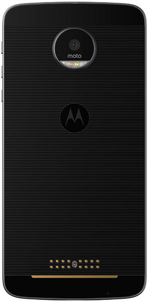 Motorola Moto Z rear view, black textured back with camera lens, Motorola logo, and gold contact pins at bottom