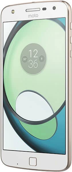 Gold Motorola Moto Z Play shown at a slight front angle; screen displays digital clock (12:36) with green and blue abstracts.