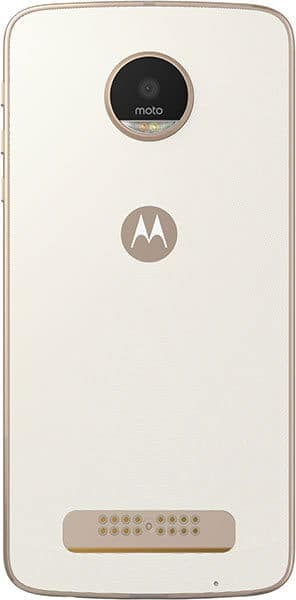 Rear view of beige Motorola Moto Z Play showing top single camera, center logo, and bottom connector pins.