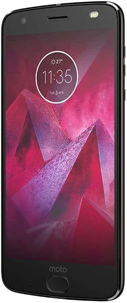 Front view of black Motorola Moto Z2 Force showing 11:35, April 3 on screen; front camera and sensors at the top.