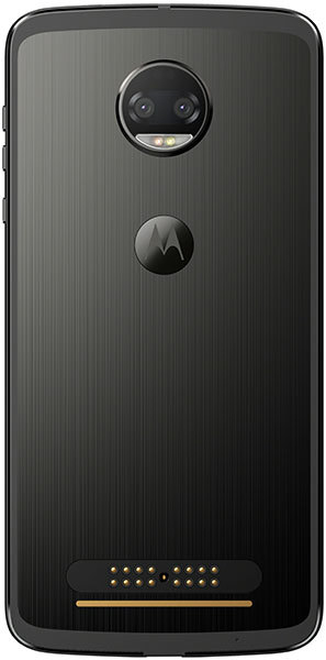 Rear view of black Motorola Moto Z2 Force featuring dual cameras, LED flash, Motorola logo, and connector pins at bottom.