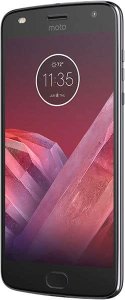 Motorola Moto Z2 Play front view with display showing time 11:35 and abstract pink and red geometric wallpaper