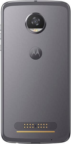Motorola Moto Z2 Play rear view, gray phone with circular camera lens, Motorola logo, and gold connector pins at bottom