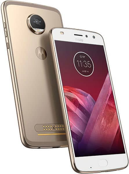 Motorola Moto Z2 Play, front and rear views, champagne gold finish with circular camera module and Motorola logo visible