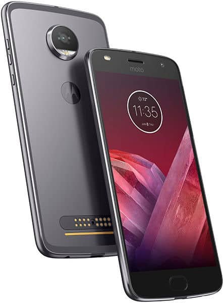 Motorola Moto Z2 Play shown from front and rear views, displaying purple wallpaper on screen and circular camera lens on back