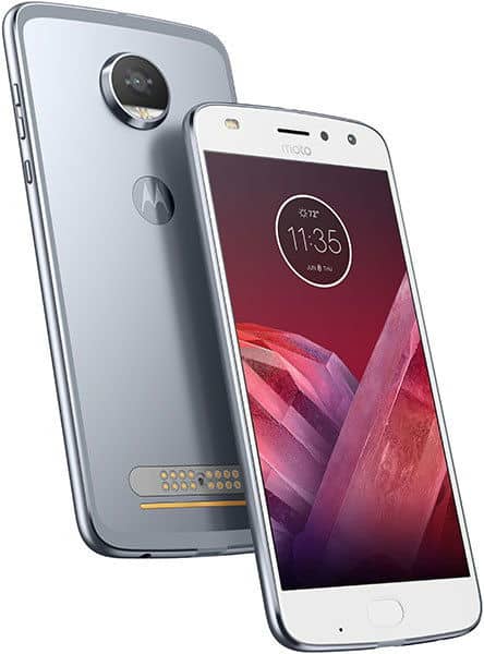 Motorola Moto Z2 Play, front and rear view, showing silver phone with circular camera module and Motorola logo on back, white front display with time 11:35