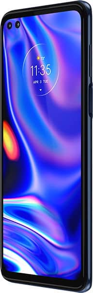 Motorola One 5G front view, displaying colorful blue and purple gradient wallpaper with time and date on screen