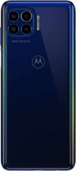 Motorola One 5G rear view, showing quad camera array and Motorola logo on deep blue back panel with iridescent edge gradient