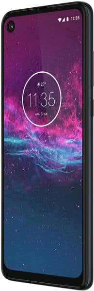 Motorola One Action front view displaying purple and blue digital wallpaper with time 11:35 on screen