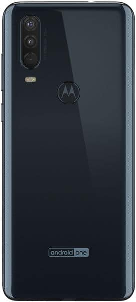 Motorola One Action rear view, black phone with triple camera array and Motorola logo visible