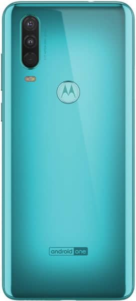 Motorola One Action rear view, turquoise, showing dual camera module and Motorola logo