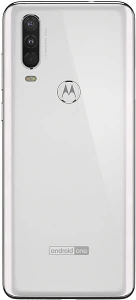 Motorola One Action rear view, white phone with dual camera system and Motorola logo centered on back