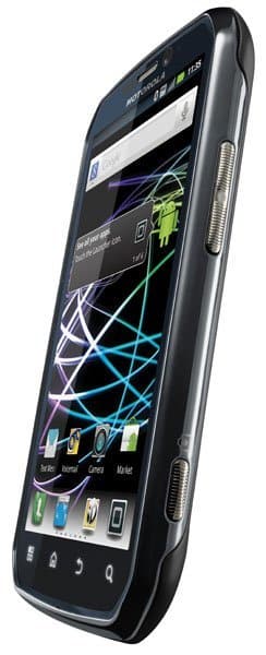 Motorola Photon 4G, front view, displaying home screen with colorful atomic icon and app grid on black screen