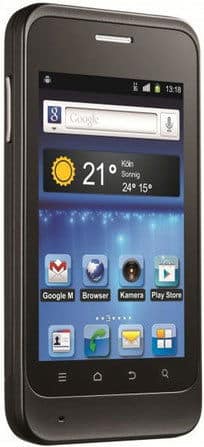ZTE Kis smartphone front view, displaying home screen with weather widget showing 21 degrees and app icons including Google, Browser, Camera, and Play Store