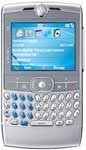 Motorola Q smartphone, front view, showing blue screen and full QWERTY keyboard