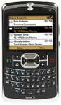 Front view of black Motorola Q9m showing physical QWERTY keyboard, navigation buttons, and screen with messages displayed.