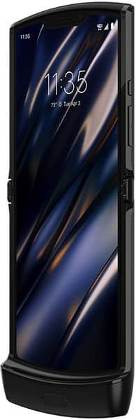 Motorola Razr (2019) open with screen displaying time and date, showing curved display and black frame from front angle