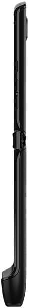 Motorola Razr (2019) folded closed, side view, showing thin black profile with curved edges and hinge mechanism