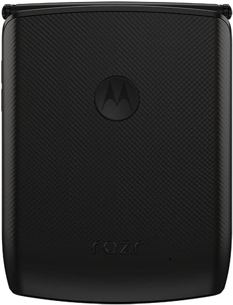 Motorola Razr (2019) folded closed, rear view showing black carbon fiber texture and Motorola logo
