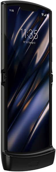 Motorola Razr (2019) folded closed, showing the external display with the time 11:35 and diagonal striped wallpaper on the black screen